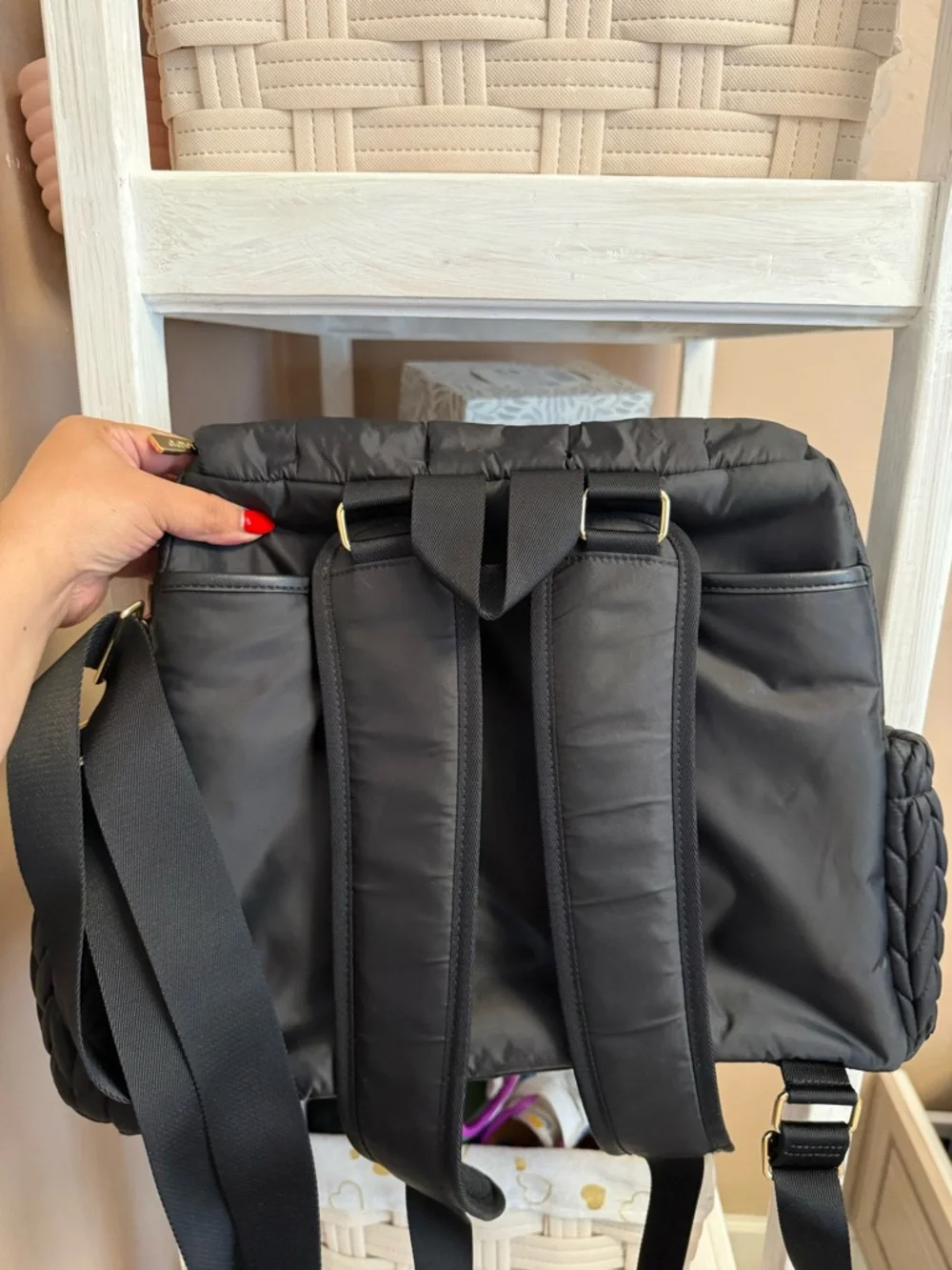 Quilted Black Baby Backpack Bag with Gold Accents